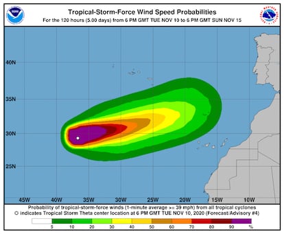 Trayectoria de Theta, que el domingo al lunes estará a medio camino entre la Península y Canarias.