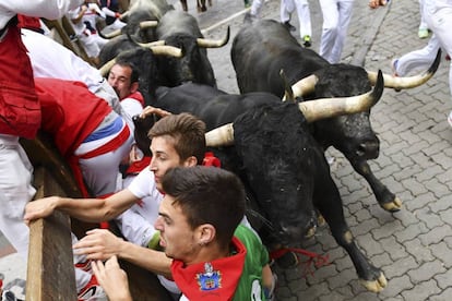 The wooden fence where runners were caught by the charging bulls on Friday.