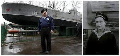 Boris Davydov, de 87 años, sirvió como militar de la Marina soviética en un barco de detección de minas en la flota del Mar Negro. En la imagen de la izquierda posa delante de un buque soviético de la guardia militar BK-433, producido en 1942 que se conserva en el Museo Central de las Fuerzas Armadas de Moscú, Rusia.