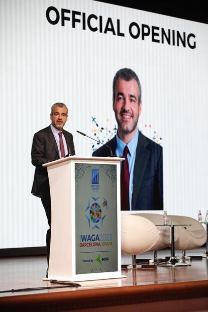 El presidente de Aena, Maurici Lucena, durante la apertura de la Asamblea de ACI en Barcelona.