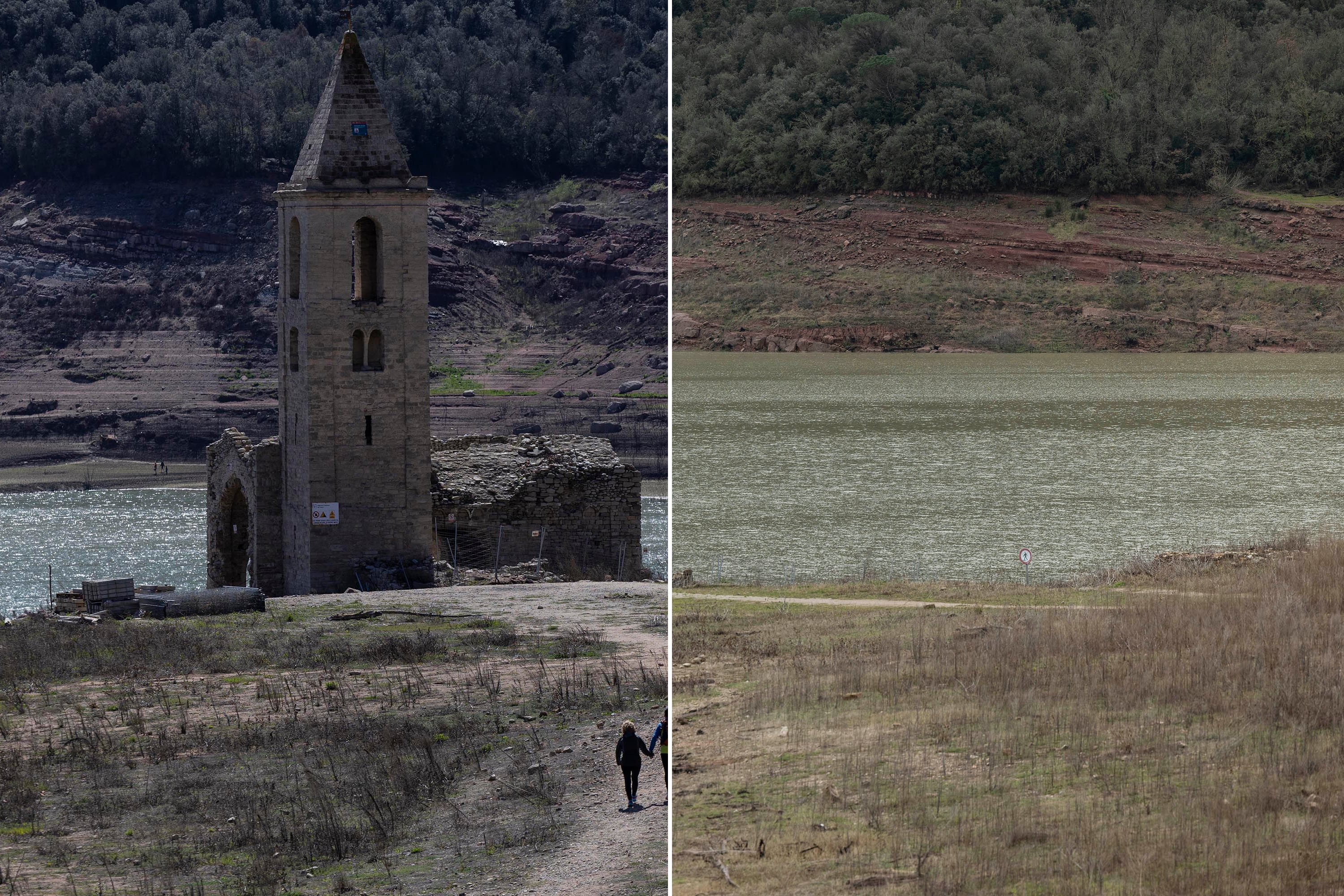 Combinación de dos fotografías, tomadas desde el mismo punto. A la izquierda, el pantano de Sau, el 1 de abril de 2024; a la izquierda, en una fotografía tomada el 14 de marzo de 2025.