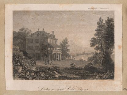 Grabado de Villa Diodati, la finca de los alrededores de Ginebra donde Mary Shelley, Lord Byron, John Polidori y Percy B. Shelley se reunieron en el frío verano de 1816 para narrar historias de terror. 