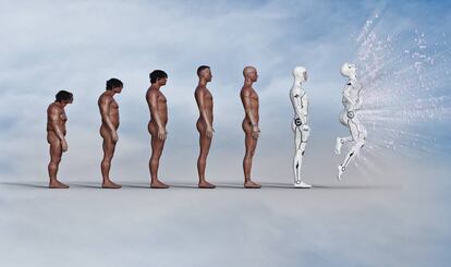 Evolución del hombre desde el hombre de las cavernas hasta el robot explosivo.