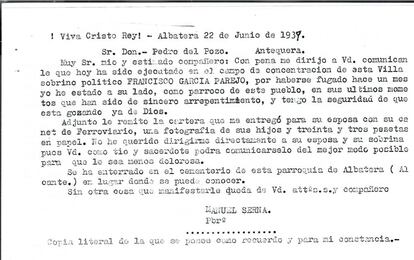 Copia de la carta de fusilamiento de Francisco García. para el Juzgado de 1979.