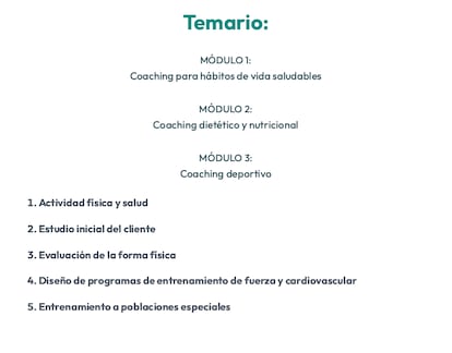 Captura de pantalla del temario del curso de 'health coach' de EnPhorma, que ya no está disponible en la página web.