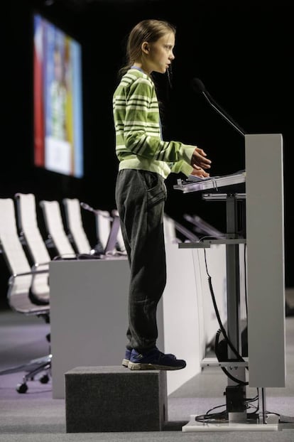 La joven activista Greta Thunberg pronuncia su discurso ante el plenario de la Cumbre del Clima en Madrid, el 11 de diciembre.