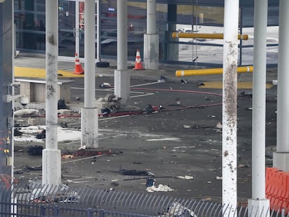 Debris is scattered about inside the customs plaza at the Rainbow Bridge border crossing, Wednesday, Nov. 22, 2023, in Niagara Falls, N.Y.