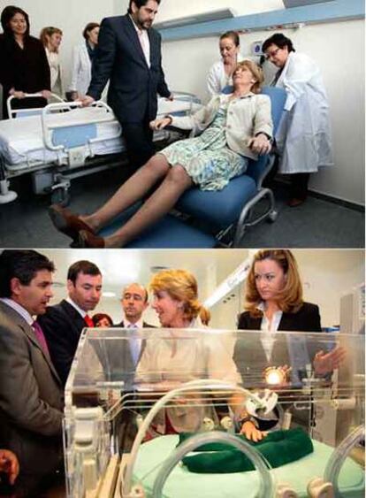 Arriba a la izquierda, Esperanza Aguirre, el 27 de abril, en el final de obra del hospital de Aranjuez probando una silla para enfermos. Las batas blancas eran prestadas. A la derecha, la presidenta junto a una incubadora instalada para el acto de inauguración del hospital de Parla, el lunes pasado.