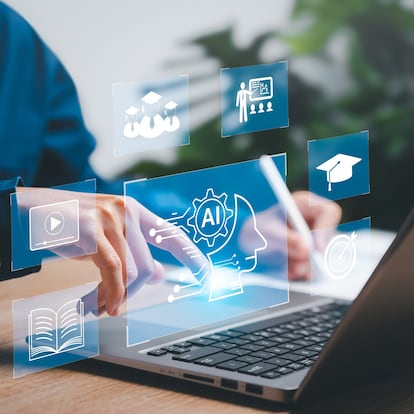 Education technology and AI Artificial Intelligence concept, Women use laptops, Learn lessons and online webinars successfully in modern digital learning, Courses to develop new skills