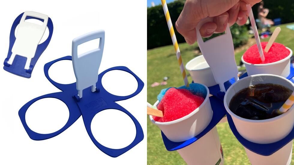 Posavasos plegable para albergar cuatro bebidas.