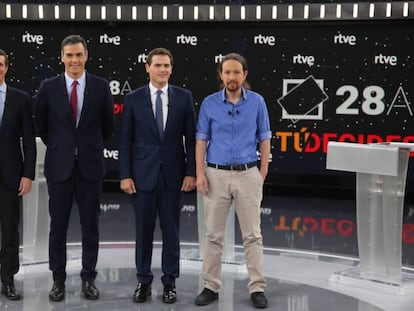 From left to right: Pablo Casado (PP), Pedro Sánchez (PSOE), Albert Rivera (Ciudadanos) and Pablo Iglesias (Unidas Podemos) at a pre-election debate in April.