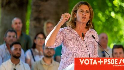 Teresa Ribera, participa este lunes en un acto público del PSOE con motivo de la campaña de las elecciones europeas en Mérida. 