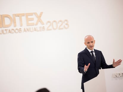 El consejero delegado de Inditex, Óscar García Maceiras, en la rueda de prensa de resultados de la compañía.