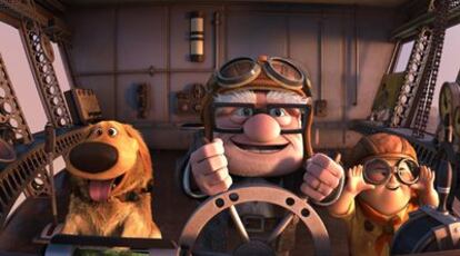 Los protagonistas de <i>UP</i>, producida por Pixar, uno de los éxitos de taquilla del año. De izquierda a derecha, Dug, Carl Frederick y Rusell.