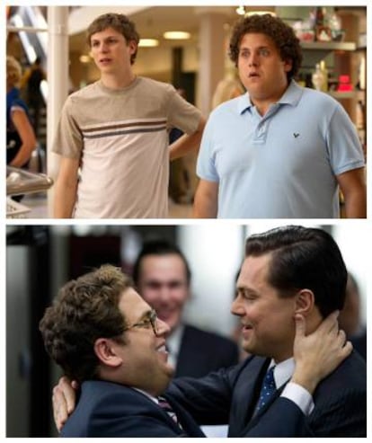 En la imagen superior, Jonah Hill en la película 'Supersalidos' (2007). En la imagen inferior, el actor junto a Leonardo Dicaprio en 'El lobo de Wall street' (2014).