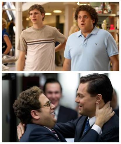 Na imagem acima, Jonah Hill em ‘Superbad – É Hoje’ (2007). Abaixo, o ator com Leonardo DiCaprio em ‘O Lobo de Wall Street’ (2014).