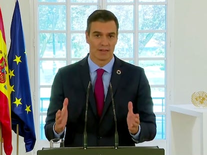 In this image made from UNTV video, Pedro Sánchez Pérez-Castejón, Prime Minister of Spain, speaks in a pre-recorded message which was played during the 75th session of the United Nations General Assembly, Friday, Sept. 25, 2020, at UN headquarters.  (UNTV via AP)