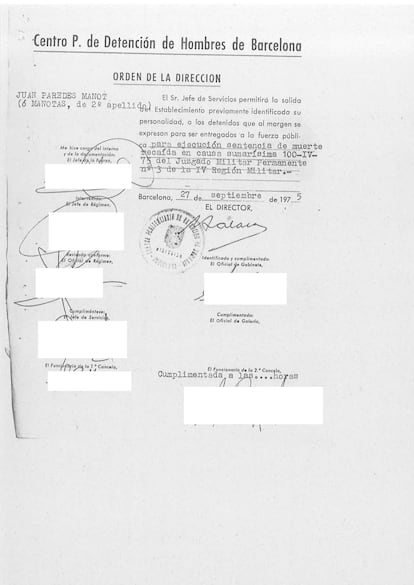 Una de las hojas del expediente que guarda el Archivo General del Ministerio del Interior de Juan Paredes Manot, 'Txiki', miembro de ETA fusilado el 27 de septiembre de 1975. Los expedientes completos que recojen documentación acumulada durante la estancia en prisión de los cinco condenados a muerte se puede consultar al final de este reportaje. 