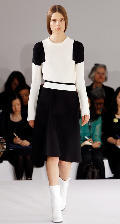 A model presents a creation from the Jil Sander Spring/Summer 2013 collection at Milan Fashion Week