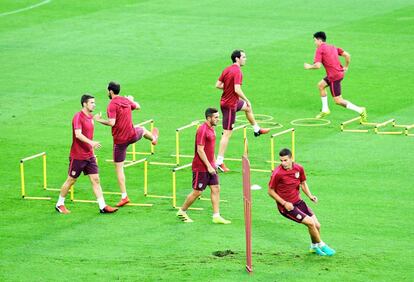 El Atleti durante el entrenamiento antes del partido.