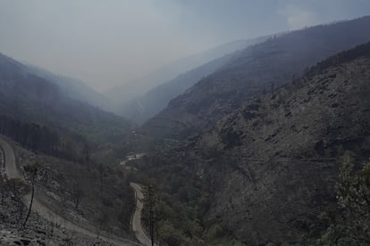 Aspecto que presenta la sierra de O Courel tras el paso de las llamas, este lunes.