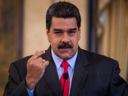 Nicolás Maduro speaks at a press conference in Caracas.