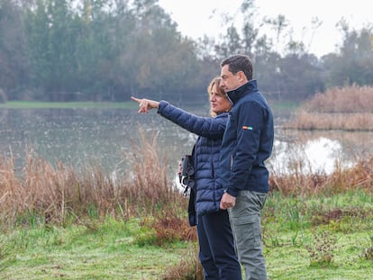 El presidente de la Junta de Andalucía, Juanma Moreno, y la vicepresidenta tercera y ministra de Transición Ecológica, Teresa Ribera, en el parque nacional de Doñana este lunes.