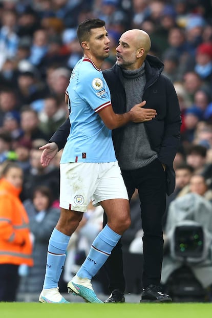 Manchester City Manager Pep Guardiola reacts to Rodri of Manchester City during the Premier League match between Manchester City and Wolverhampton Wanderers at Etihad Stadium on January 22, 2023 in Manchester, United Kingdom