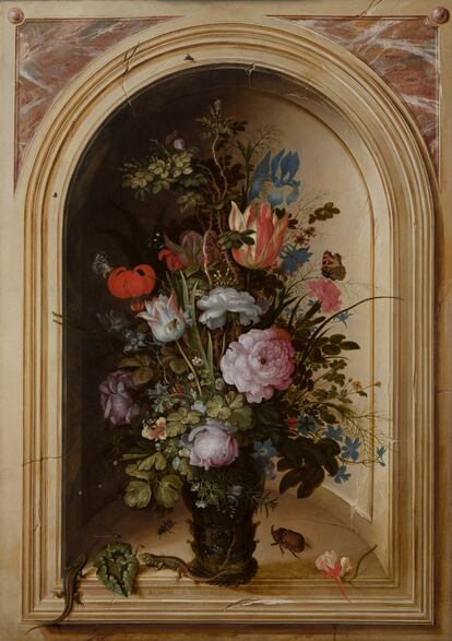 Obra de Roelant Savery: 'Vase with Flowers in a Stone Niche', 1615.