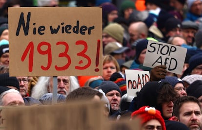 Protests against the AfD in Frankfurt, on Saturday, January 20, 2024. The handmade placard reads “1933 Never Again,” referring to the year that Hitler was named chancellor of Germany.