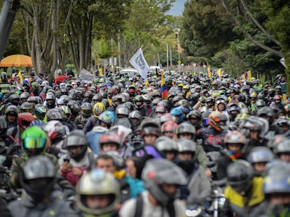 Motorcyclists protest in Colombia.