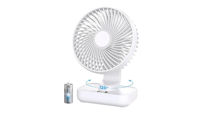 Ventilador de sobremesa sobre fondo blanco.