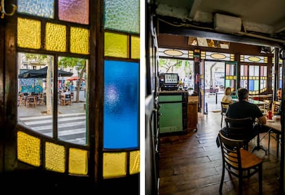 Vista de la plaza del Sortidor desde el interior del bar- restaurante del mismo nombre. Un establecimiento emblemático y de los más antiguos de la ciudad de Barcelona, abierto desde 1908.