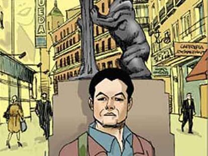 Imágen de <i>9 11 Report (El informe del 11-S: Una adaptación gráfica), de Sid Jacobson y Ernie Colón, publicado por la editorial Hill and Wang. La imagen representa a Mohamed Atta en la Puerta del Sol de Madrid.