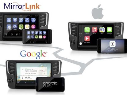 CarPlay (derecha), sistema operativo de Apple para automoción, junto con los de Google y Mirror Link.