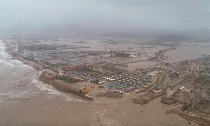 Aerial view of the Tordera Delta, in Malgrat de Mar, with the campsites completely flooded, in January 2020, after the Gloria storm.