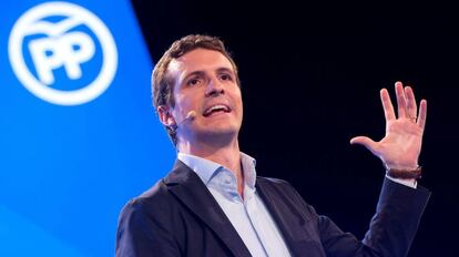 El presidente del Partido Popular, Pablo Casado, durante su intervención en la intermunicipal del partido en Málaga.