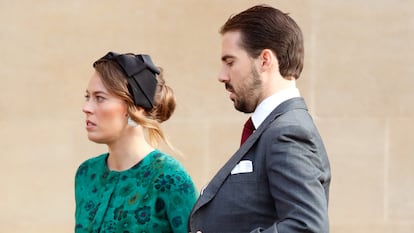 Nina Flohr y Philippos de Grecia en la boda de Eugenia de York y Jack Brooksbank en Windsor en octubre de 2018.