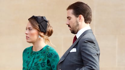 Nina Flohr y Philippos de Grecia en la boda de Eugenia de York y Jack Brooksbank en Windsor en octubre de 2018.