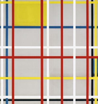 Piet Mondrian, 'New York City 3 (inacabado)', (1941), óleo, lápis, carvão e fita adesiva de papel em cores sobre tela.