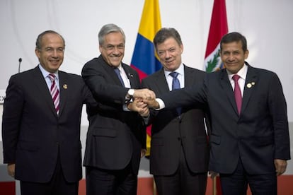 Los presidentes de M&eacute;xico, Chile, Colombia y Per&uacute;: Felipe Calder&oacute;n, Sebasti&aacute;n Pi&ntilde;era, Juan Manuel Santos y Ollanta Humala.