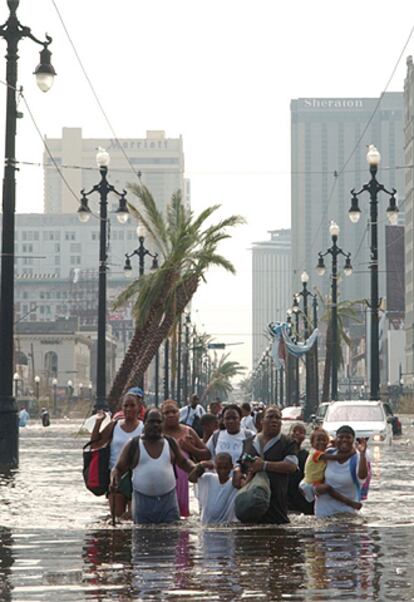 Decenas de personas avanzan el pasado agosto por Canal Street, en Nueva Orleans, inundada tras el paso del  Katrina.
