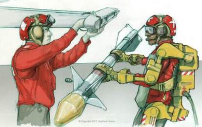 Ilustración del uso del traje robótico XOS 2 para cargar misiles en un avión.