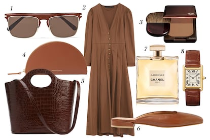 1. Loewe Gafas de sol 2. Zara Vestido largo con botones 3. Shiseido Polvos bronceadores 4. Mansur Gavriel Monedero 5. Number 5 (a la venta en Smart Luxury) Bolso de piel 6. Loq Mules planos 7. Chanel Perfume Gabrielle 8. Cartier Reloj Tank Louis Cartier.