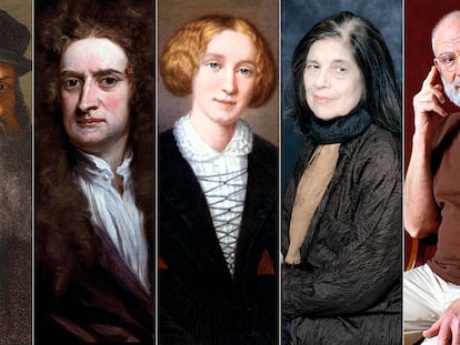 Desde la izquierda, Leonardo da Vinci, Isaac Newton, George Eliot, Susan Sontag y Oliver Sacks.