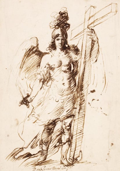'San Miguel Arcángel'. Bartolomé Esteban Murillo. Pluma y tinta parda, sobre lápiz negro.