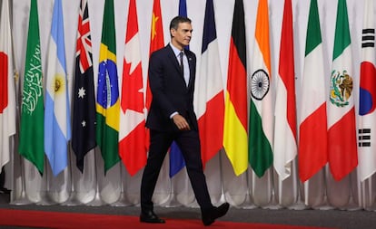 El presidente español, Pedro Sánchez, en la cumbre del G20 en Osaka (Japón).