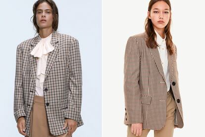 A la izquierda, una de las modelos de Zara con americana de cuadros. A la derecha, un diseño casi idéntico de Urban Revivo.