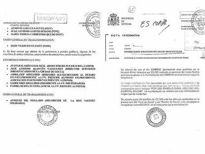 Informes realizados por militares de Ceuta sobre sindicalistas y una manifestación del 1 de mayo de 2002.