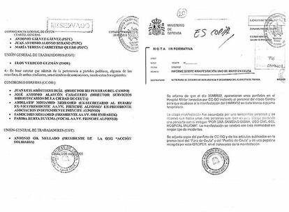 Informes realizados por militares de Ceuta sobre sindicalistas y una manifestación del 1 de mayo de 2002.